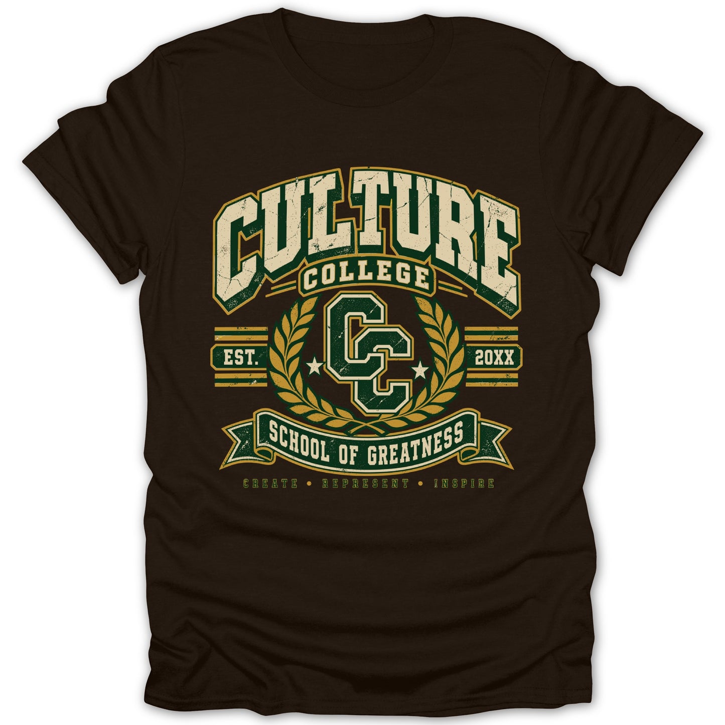 Brown t-shirt with "Culture College School of Greatness" in distressed green and gold lettering.