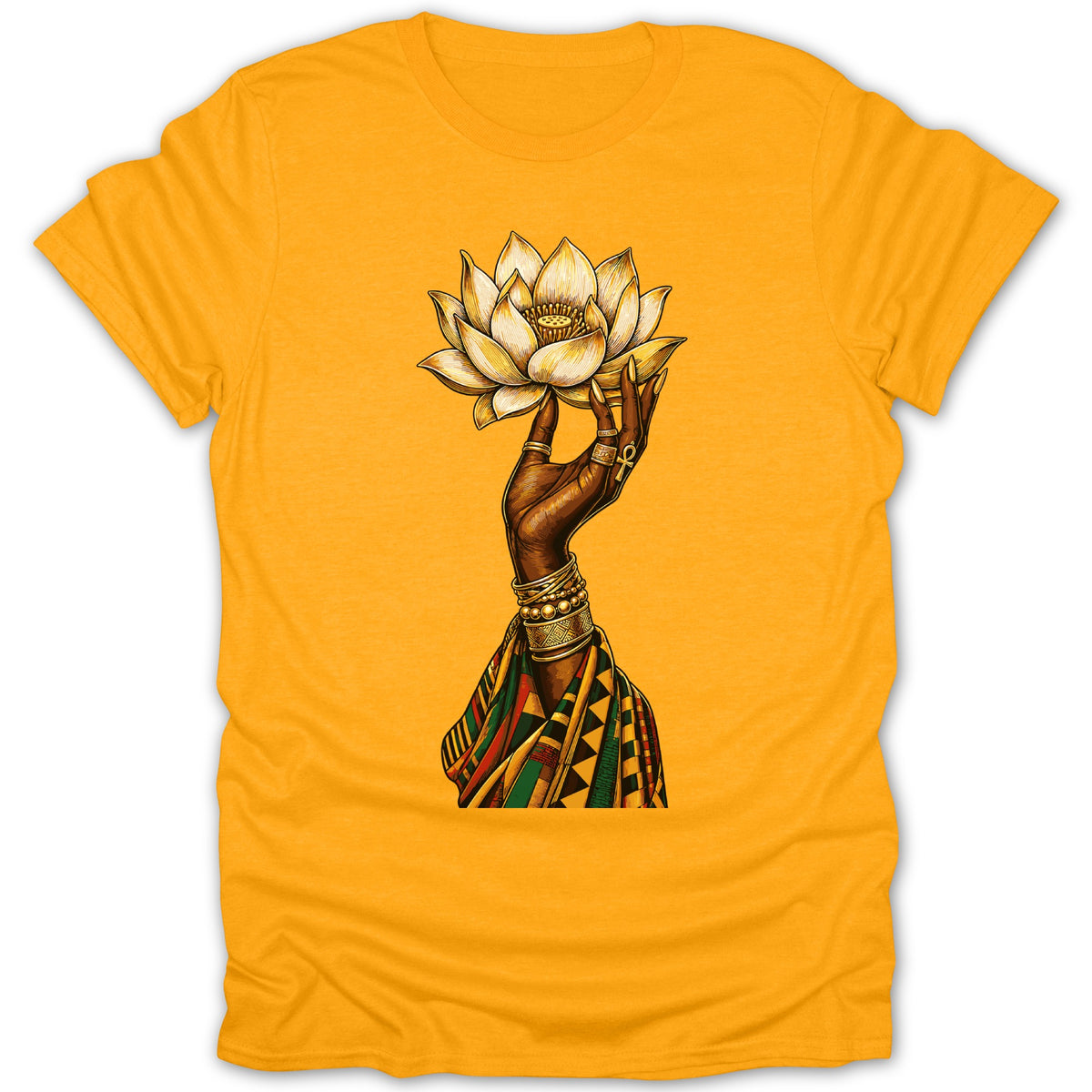 Hand holding golden lotus with rings and bracelets, on yellow t-shirt.