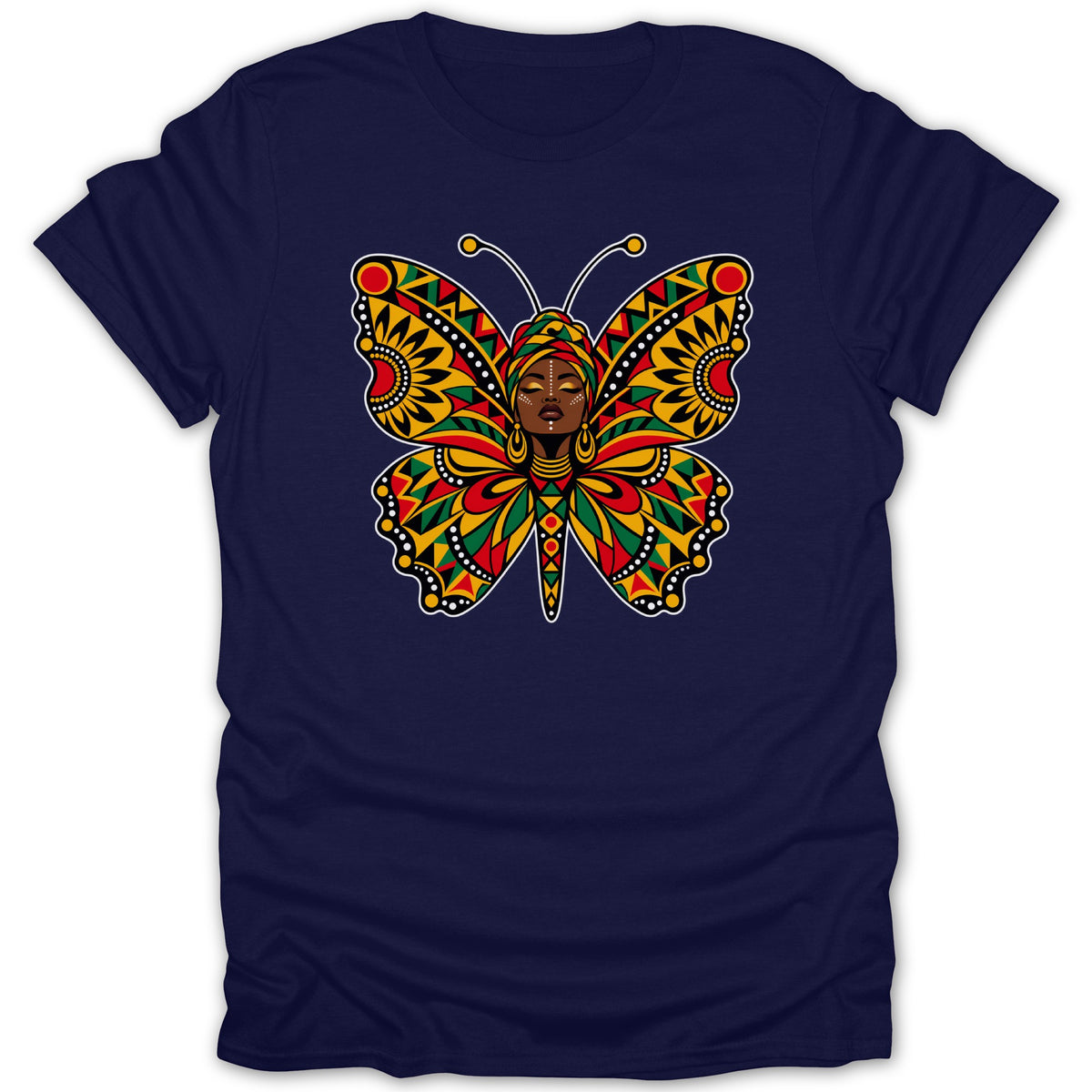 Dark blue t-shirt with a colorful butterfly design featuring an African woman's face.