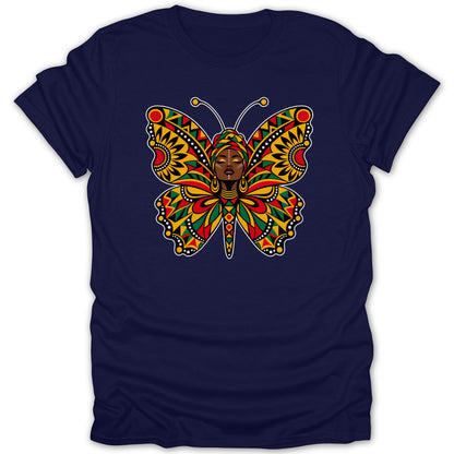Dark blue t-shirt with a colorful butterfly design featuring an African woman's face.