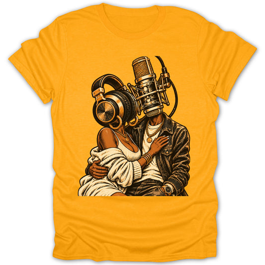 T-shirt graphic of couple with headphones and microphone for heads.