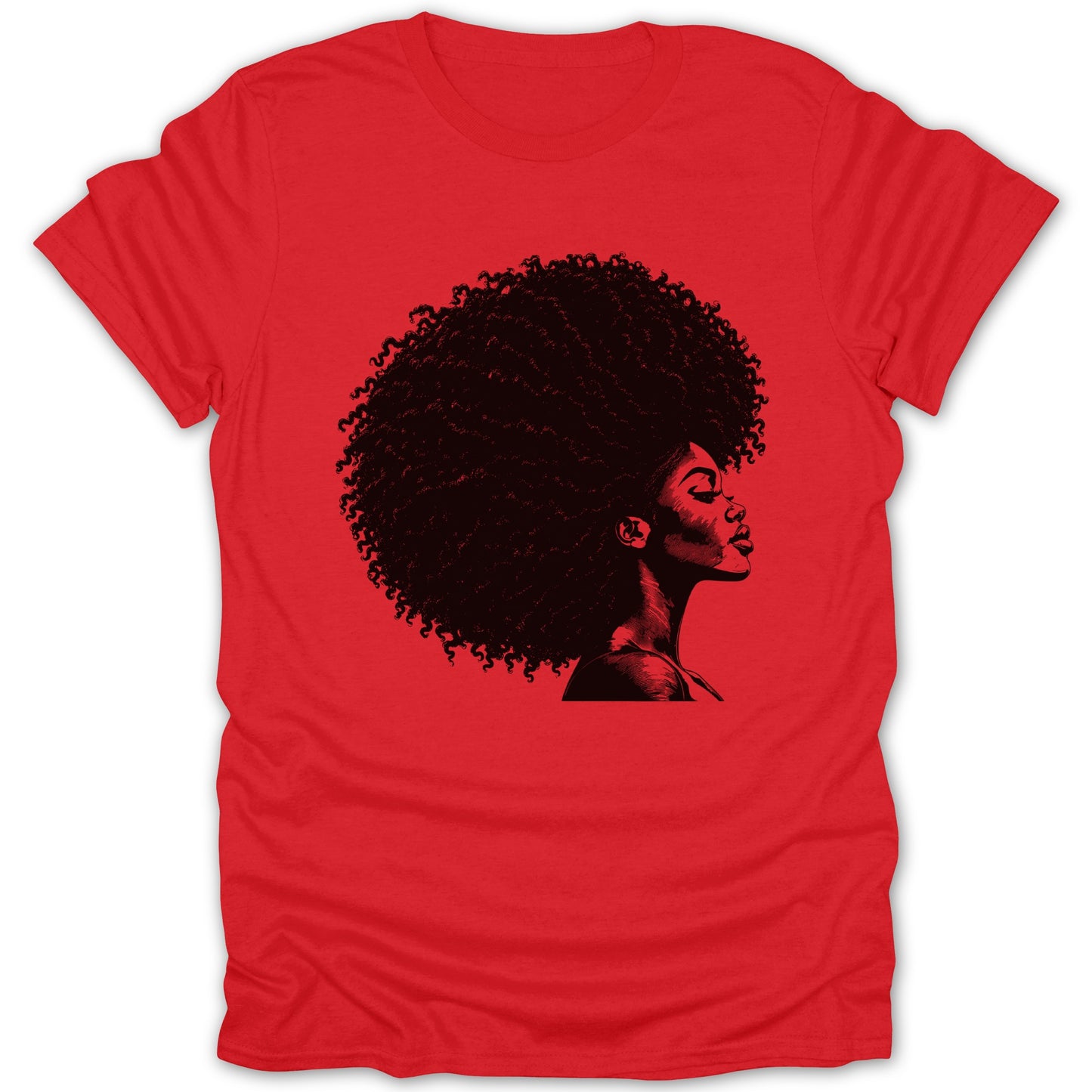 Red t-shirt with profile illustration of a woman with large afro hair