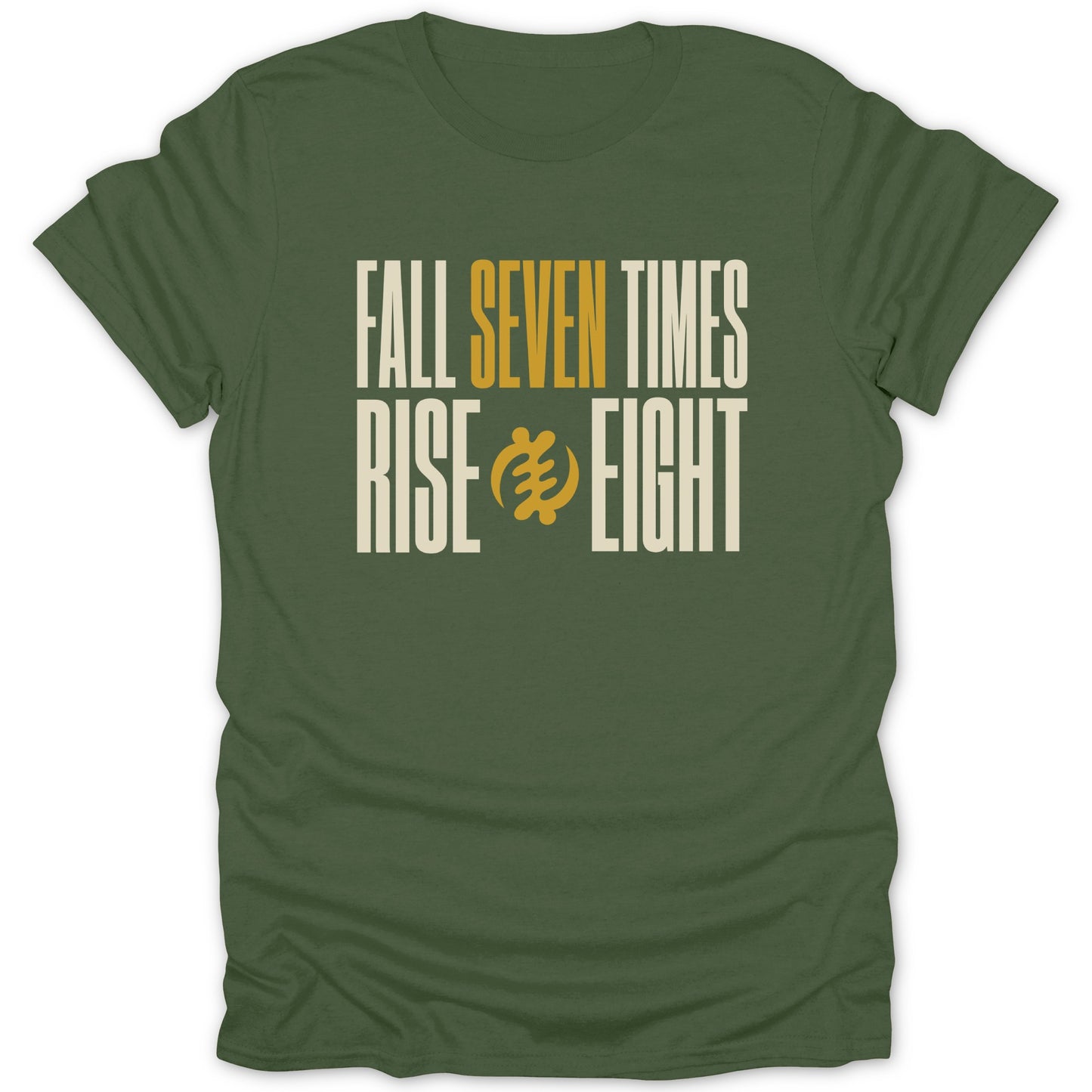 Green t-shirt with "Fall Seven Times Rise Eight" and Adinkra symbol
