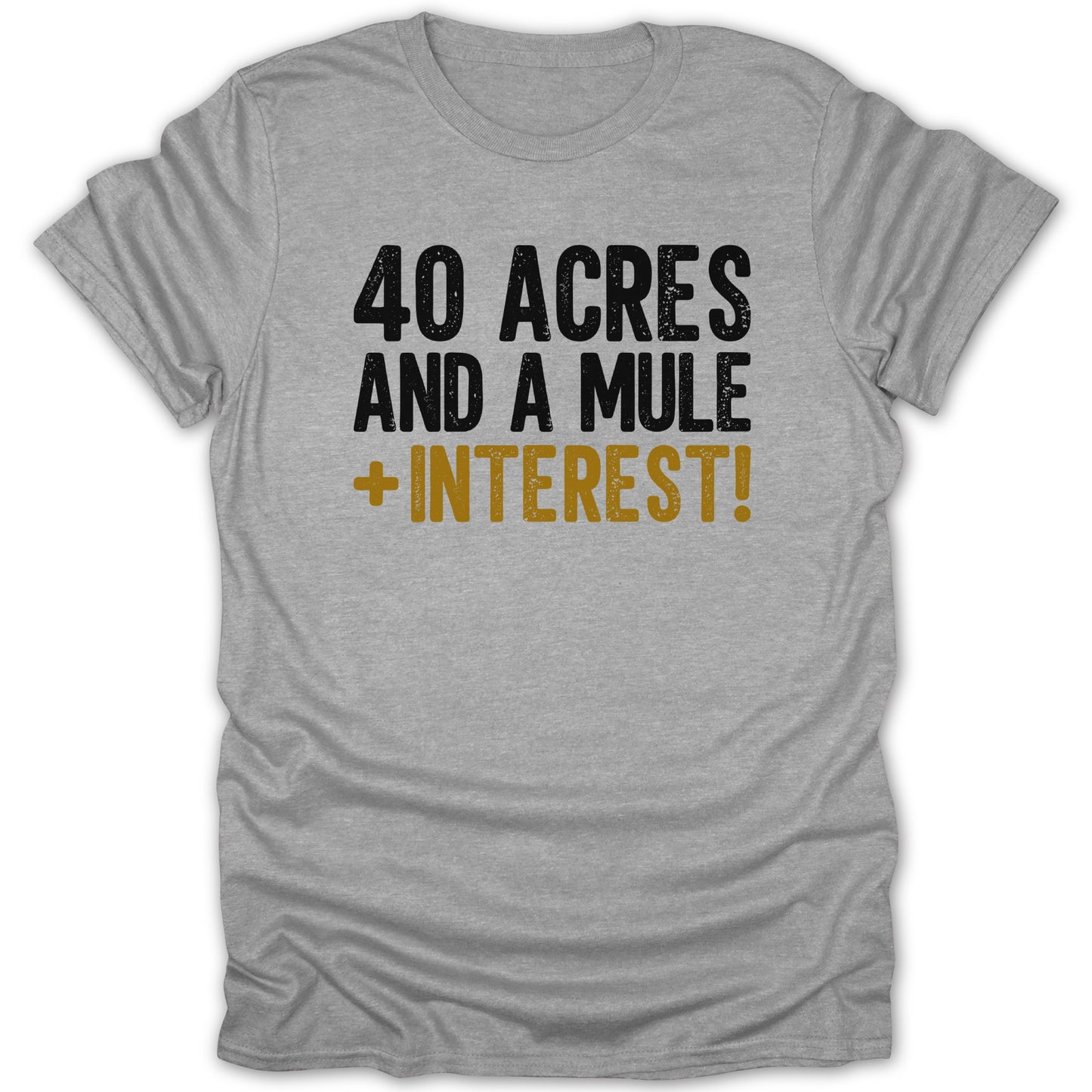 Grey t-shirt with text "40 ACRES AND A MULE + INTEREST!"