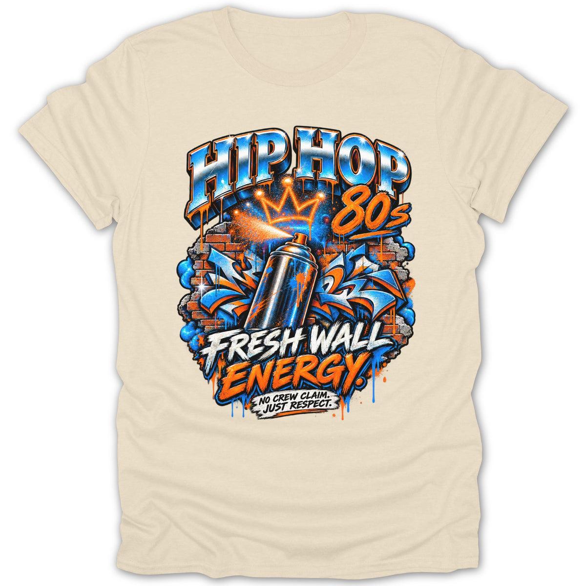 Cream t-shirt with "Hip Hop 80s Fresh Wall Energy" graffiti design and spray can.