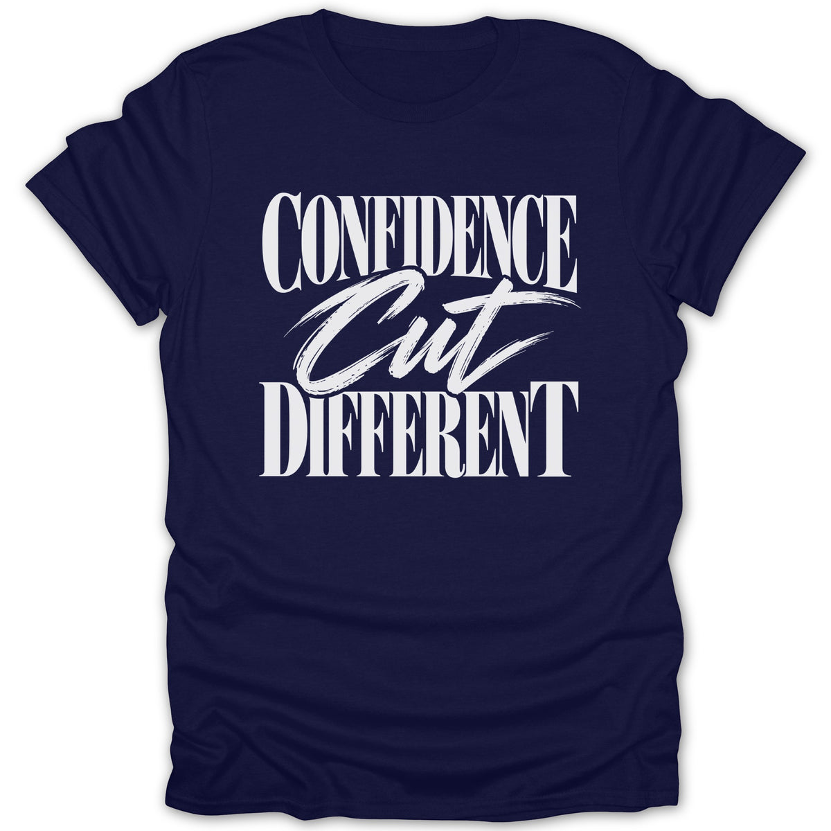 Navy t-shirt with white text "CONFIDENCE Cut DIFFERENT".