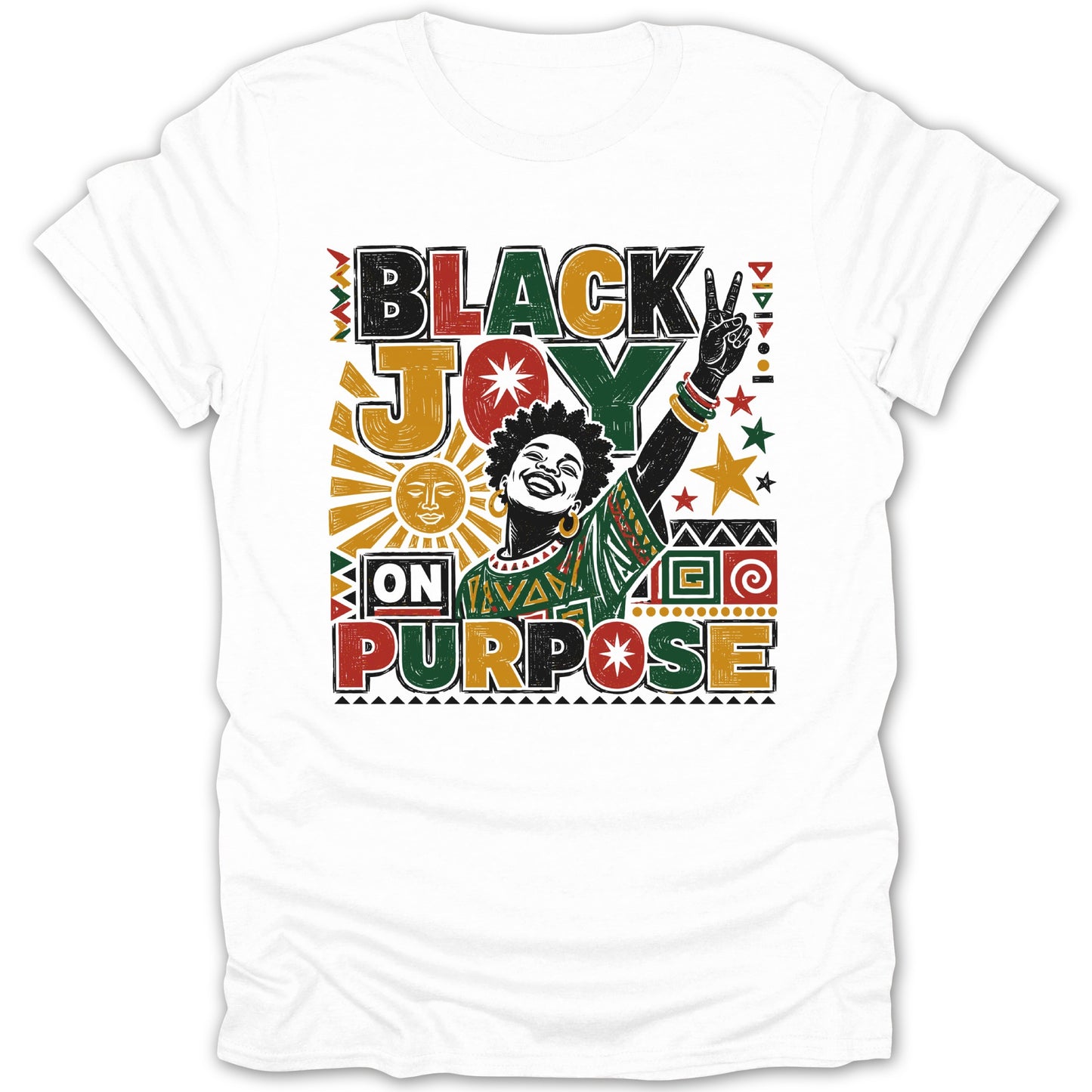 White t-shirt with "BLACK JOY ON PURPOSE" text and joyful Black woman.