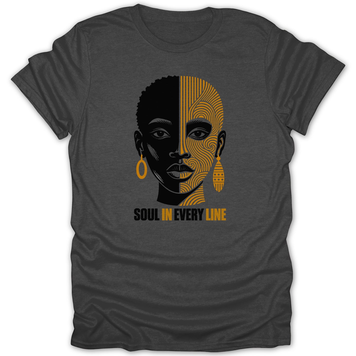 Graphic t-shirt with split face art and text "SOUL IN EVERY LINE".