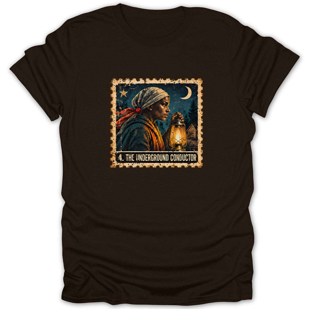 A dark brown t-shirt featuring a stamp-style graphic of a woman holding a lantern beneath the text The Underground Conductor.