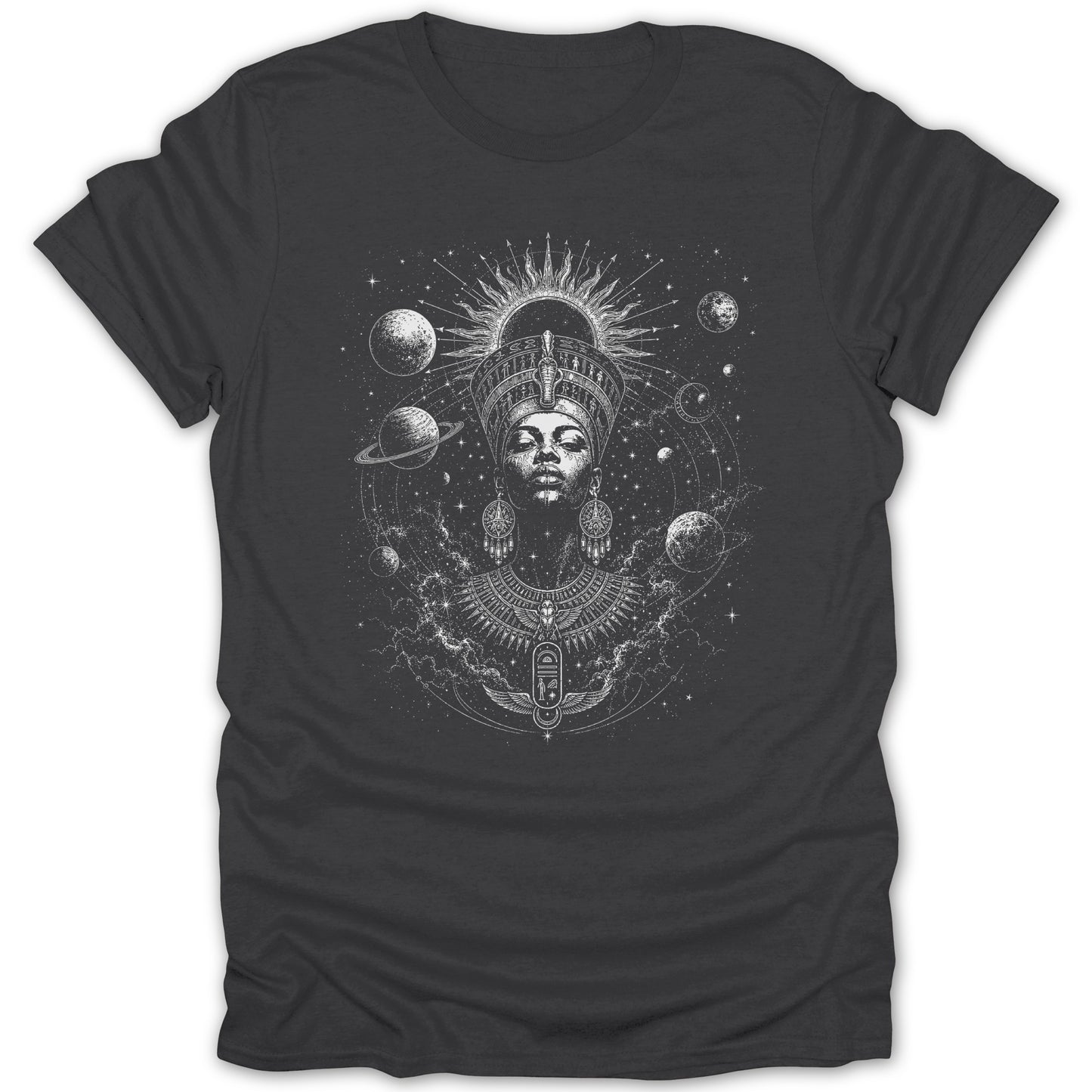 Dark t-shirt with detailed sketch of an Egyptian queen surrounded by planets and stars.