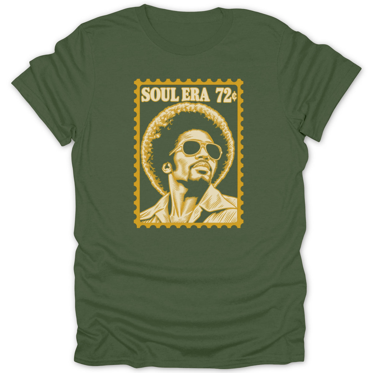 Olive green t-shirt featuring a yellow graphic of a man with an afro and sunglasses, resembling a postage stamp with the text "SOUL ERA 72¢".