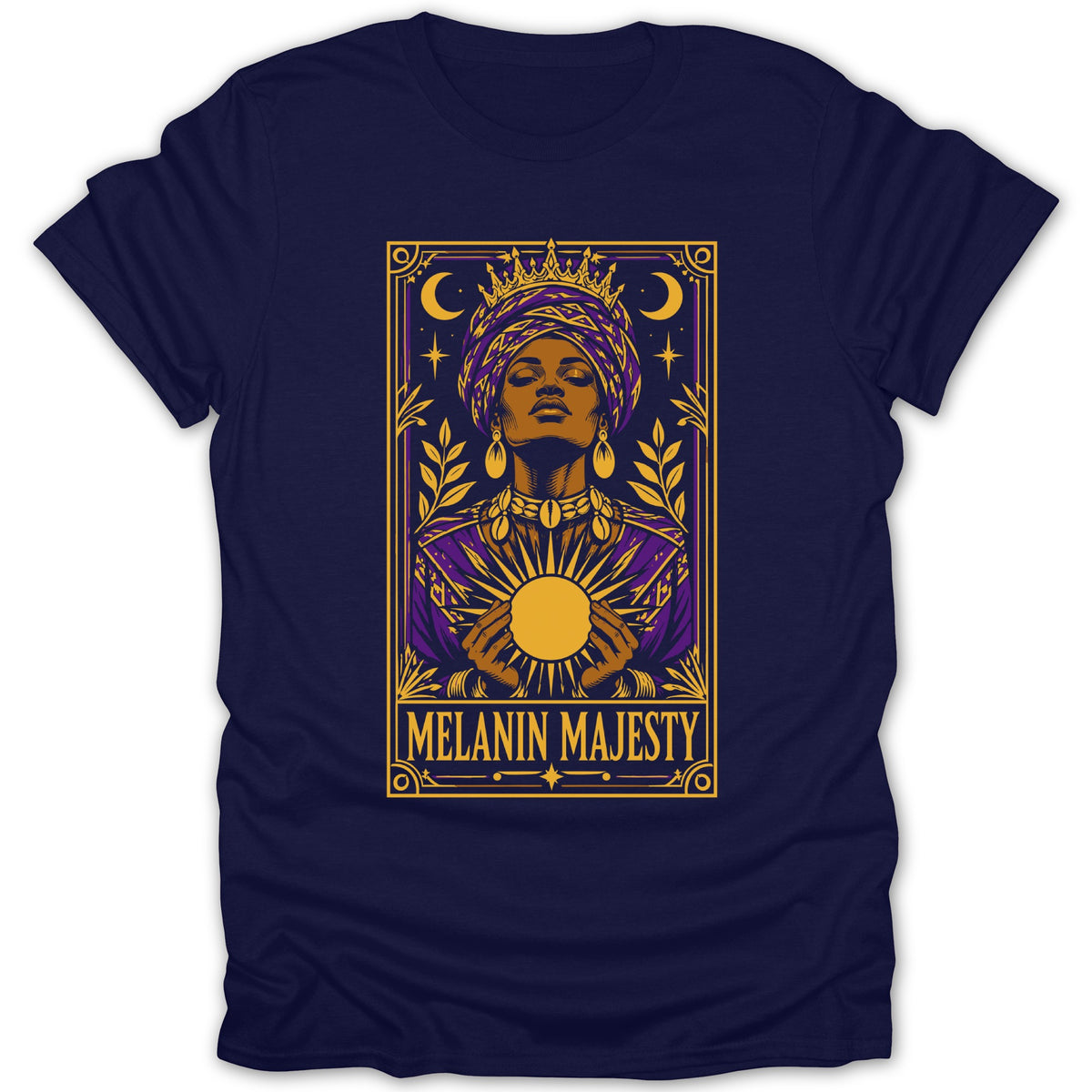 Illustration of a crowned Black woman in a turban holding a sun with "Melanin Majesty" text.