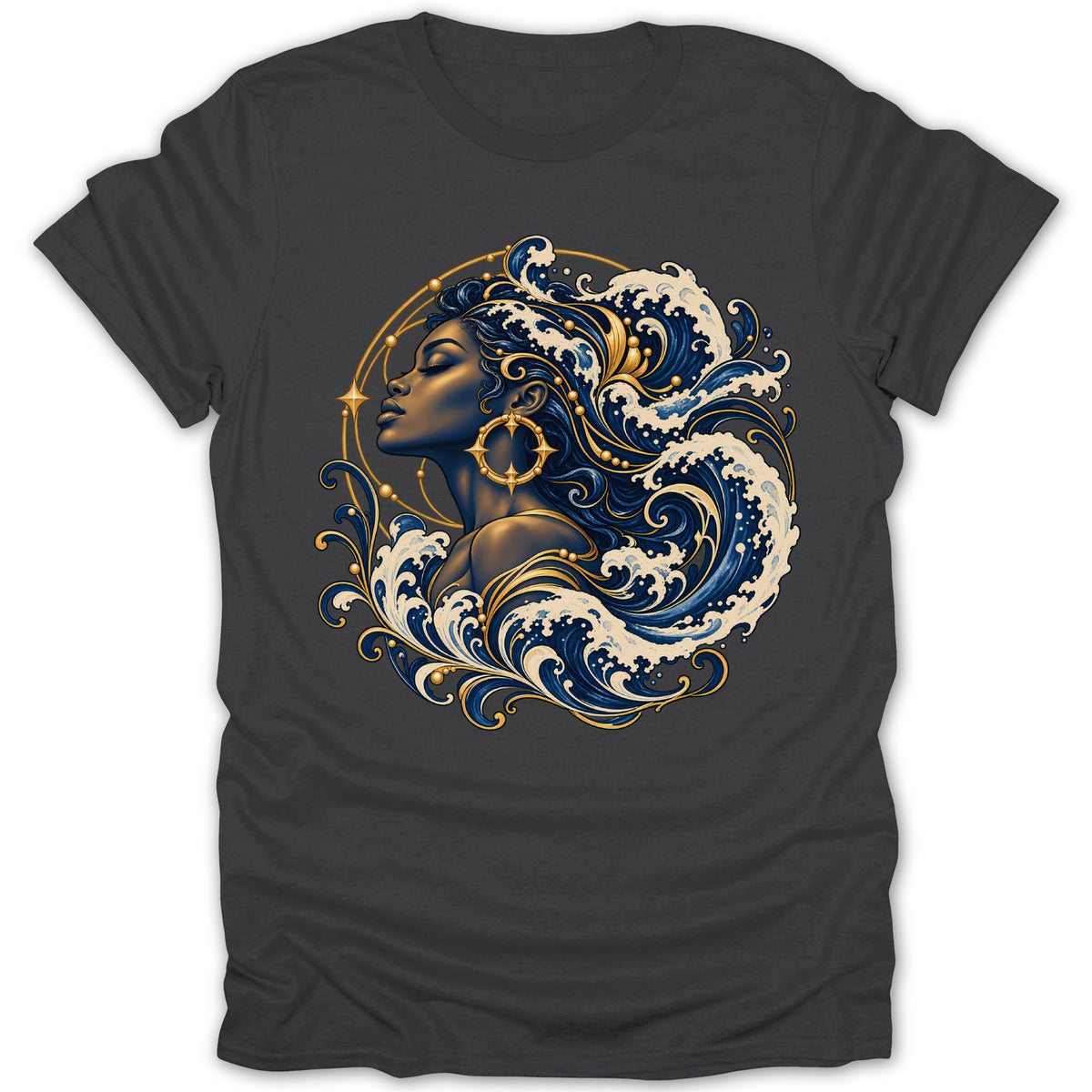 Dark t-shirt with a stylized portrait of a Black woman with wavy hair and gold accents.