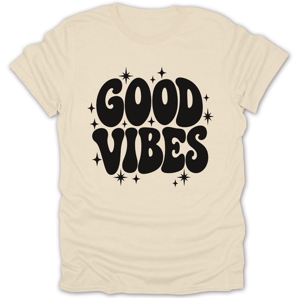 Cream t-shirt with black "GOOD VIBES" text and starbursts.