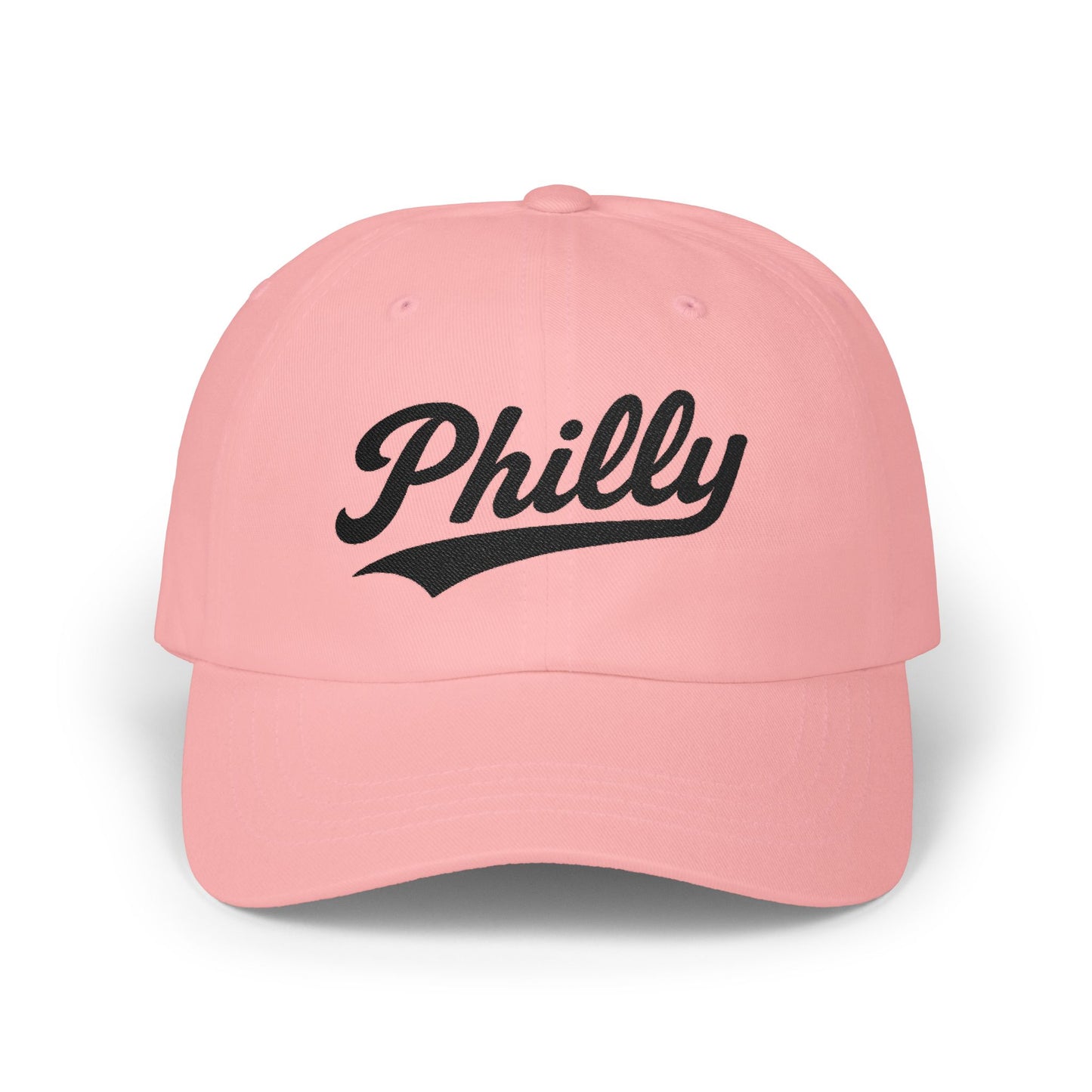 Pink baseball cap with "Philly" in black script text.