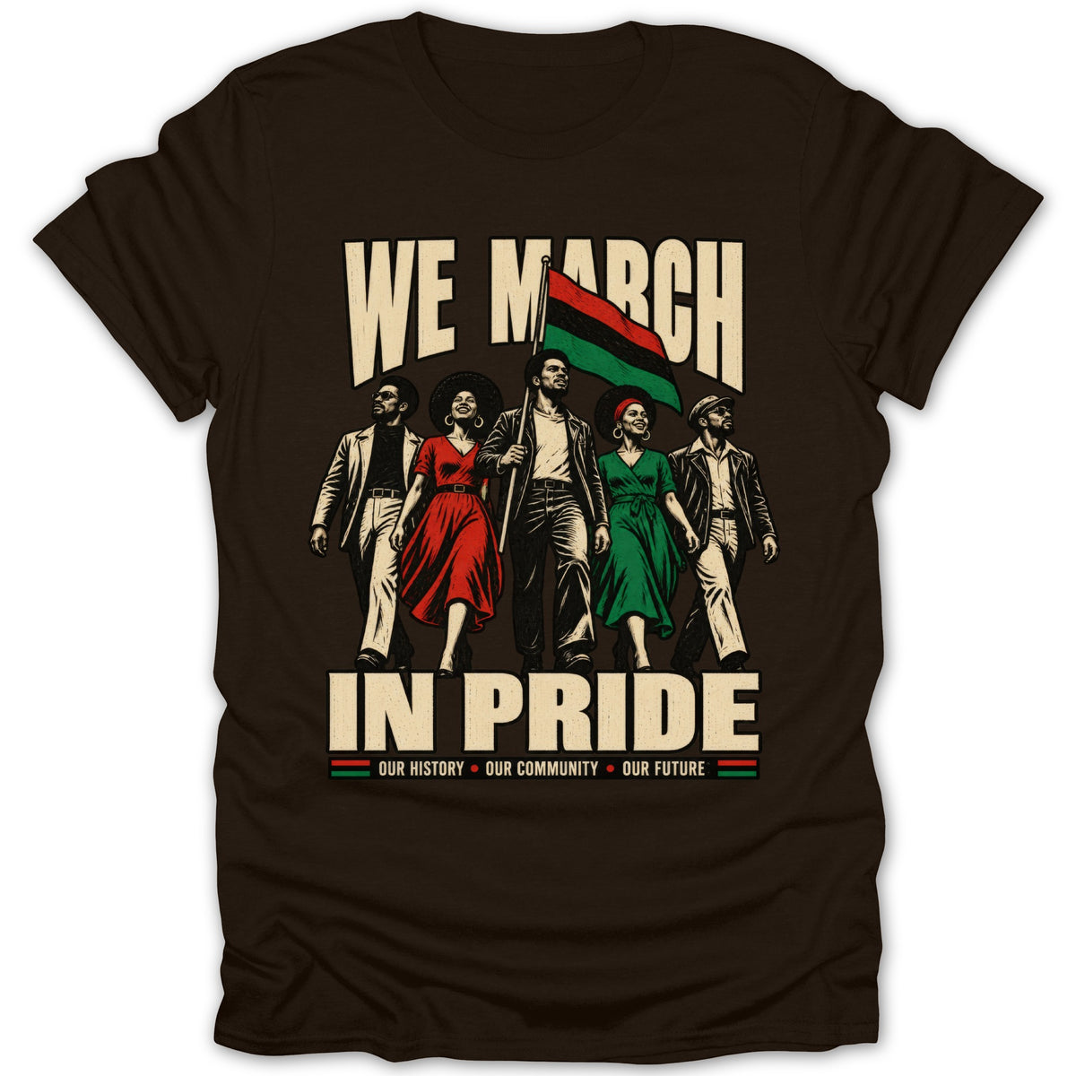 Brown t-shirt with "We March In Pride" text and people holding a flag.