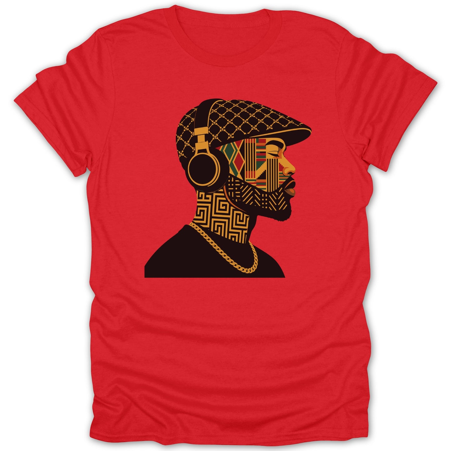 Red t-shirt with a profile illustration of a man wearing a patterned hat and headphones.