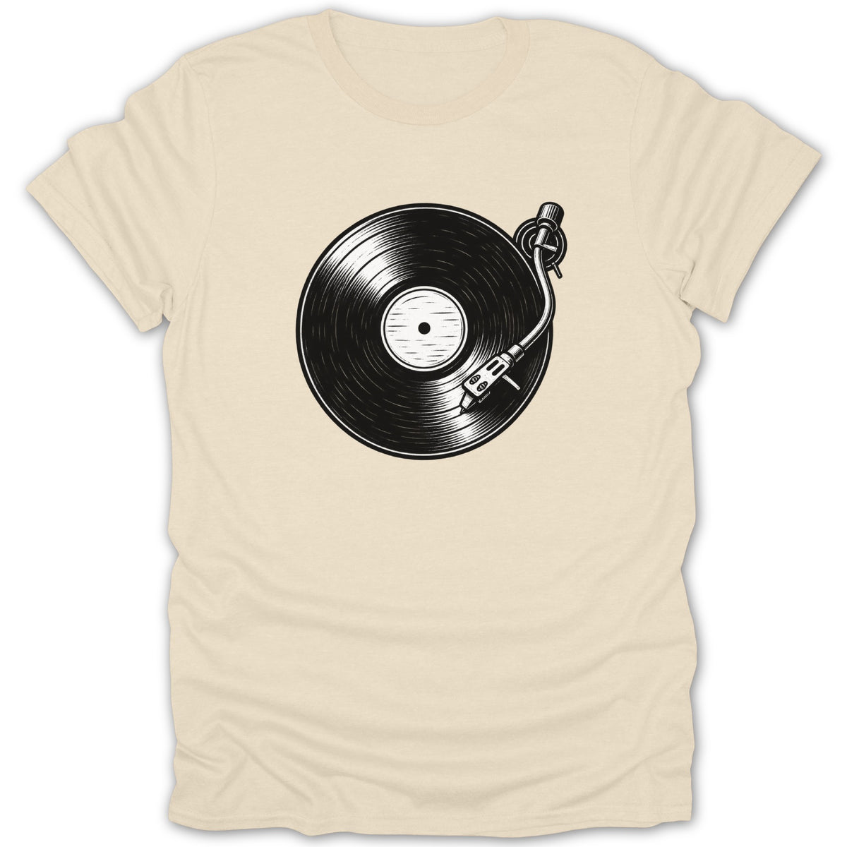 Cream t-shirt with a black and white graphic of a vinyl record and turntable.