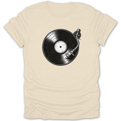 Cream t-shirt with a black and white graphic of a vinyl record and turntable.