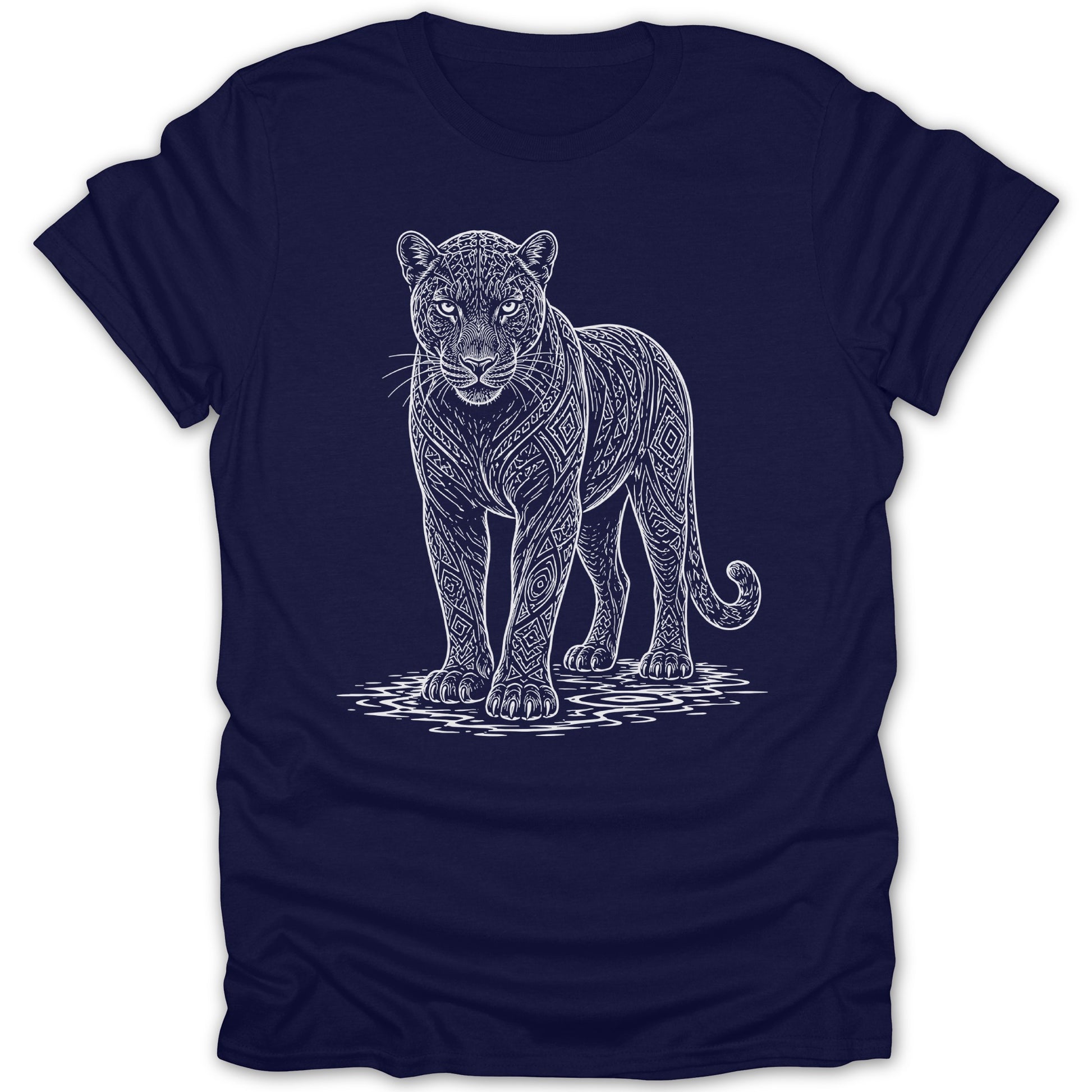 Navy t-shirt with white line art of a jaguar covered in geometric patterns.