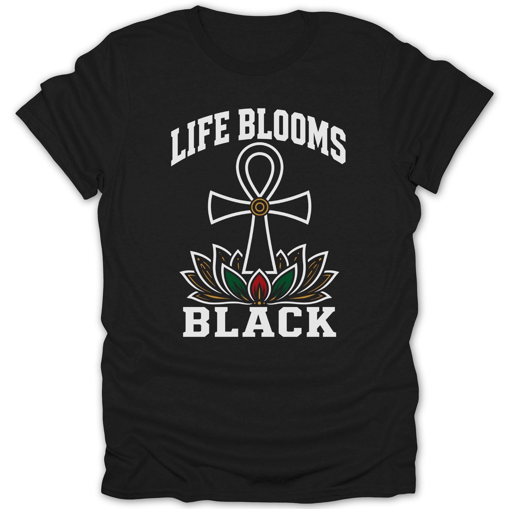Black t-shirt with "Life Blooms Black" and an ankh over a lotus flower.