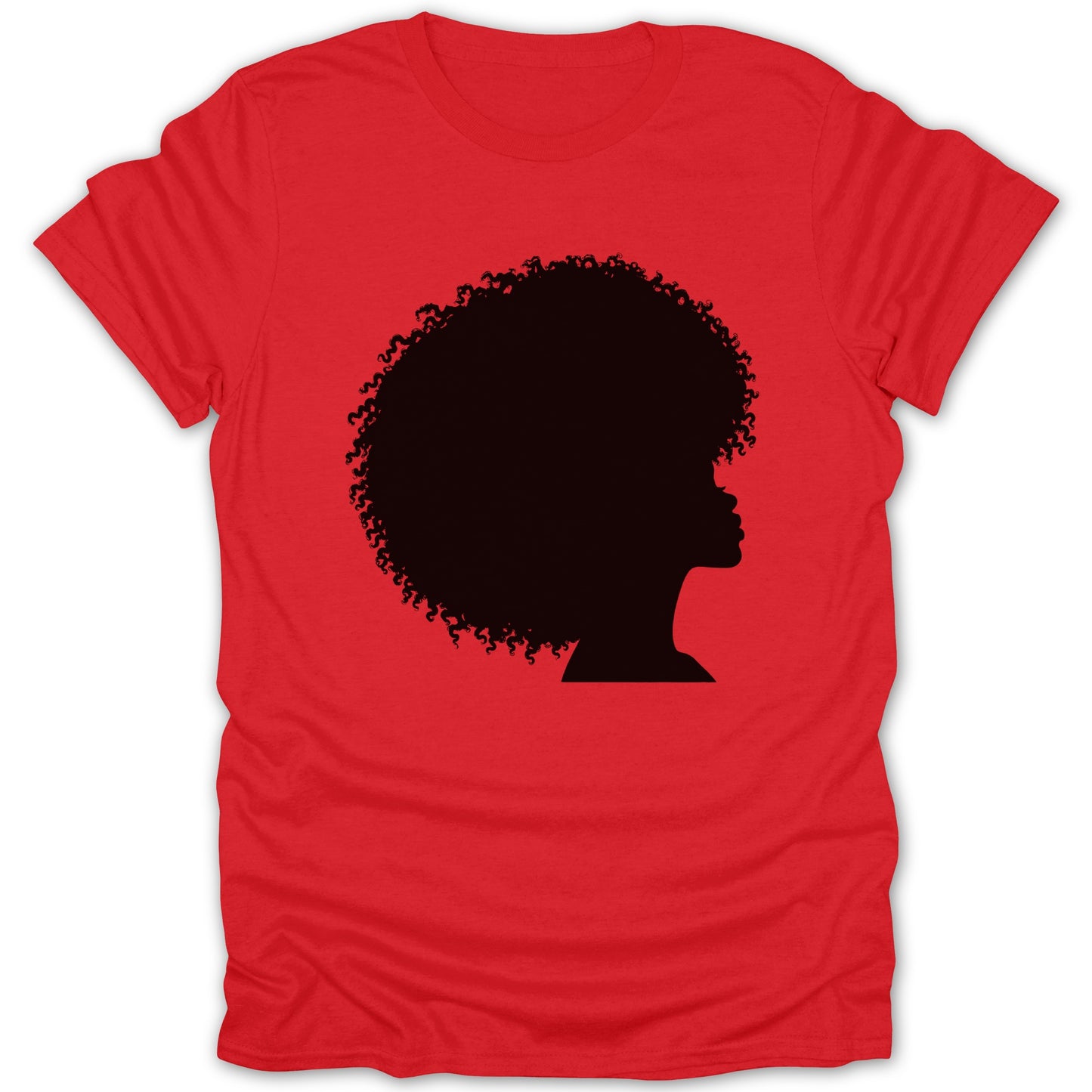 Red t-shirt with a black silhouette of a woman's profile with an afro.