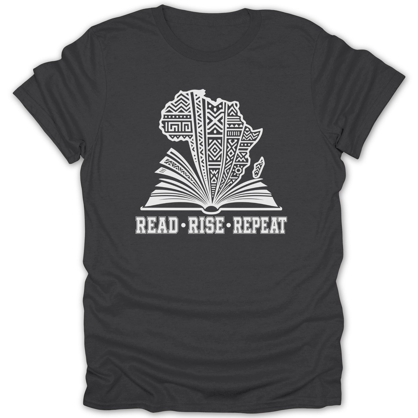 Dark grey t-shirt with white graphic depicting the continent of Africa over an open book, text below reads "READ • RISE • REPEAT".