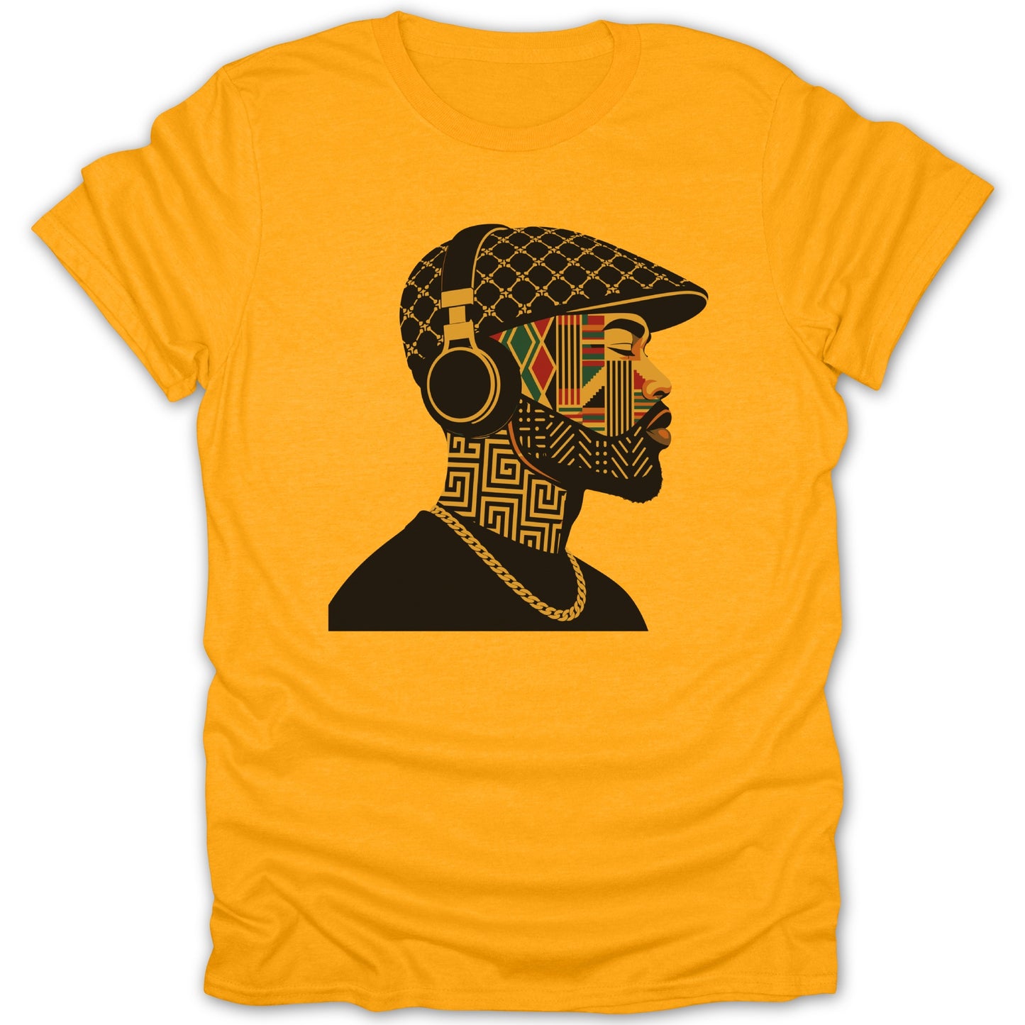 Graphic tee with abstract African-inspired portrait of a man wearing headphones and a cap.