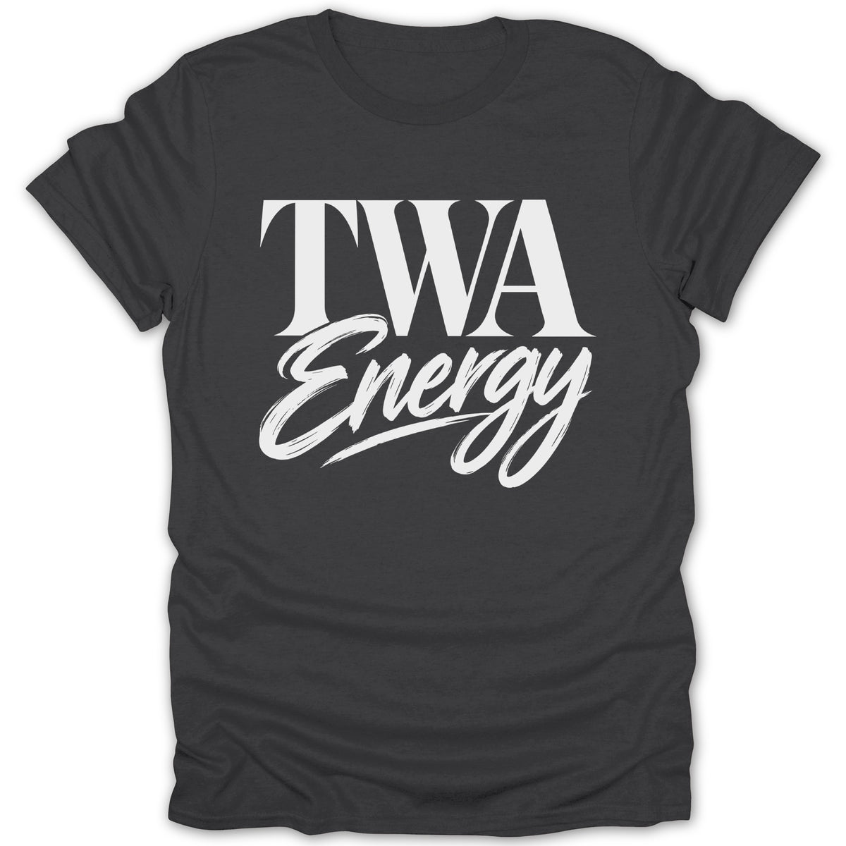 Dark grey t-shirt with white text "TWA Energy" in a stylized font.