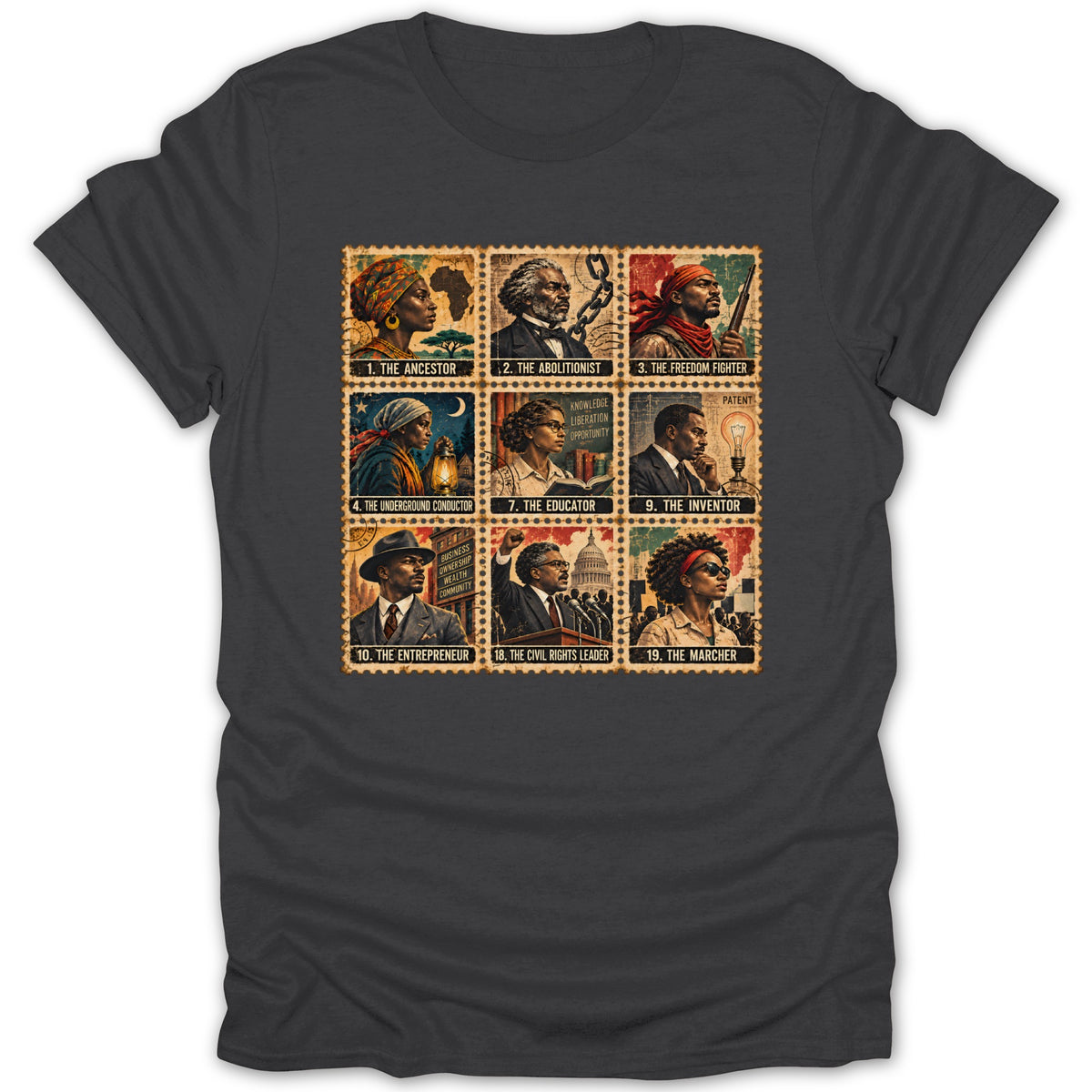 T-shirt graphic featuring nine illustrated stamps of influential Black figures and their titles.