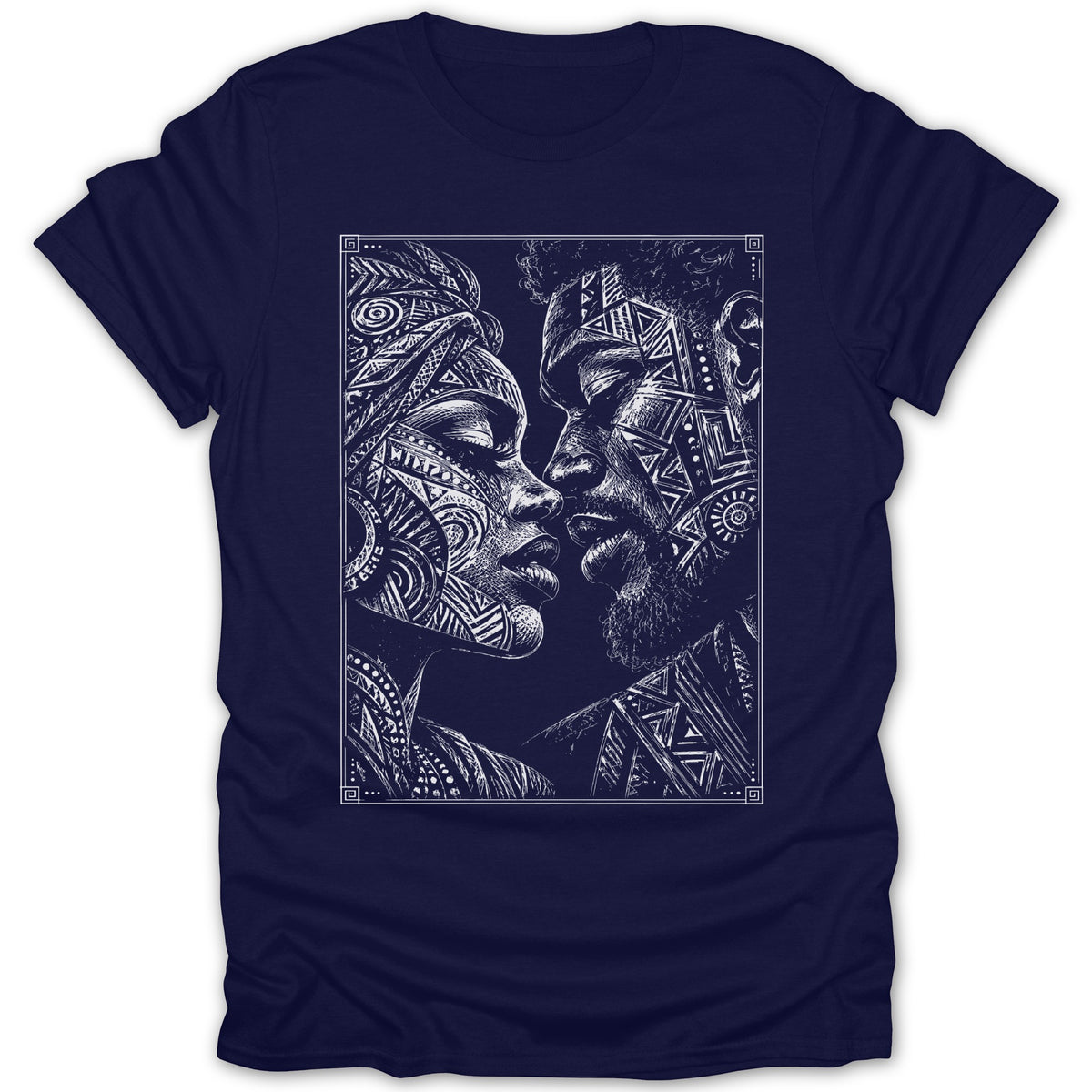 T-shirt featuring a white line drawing of a couple with tribal face paint and geometric patterns.