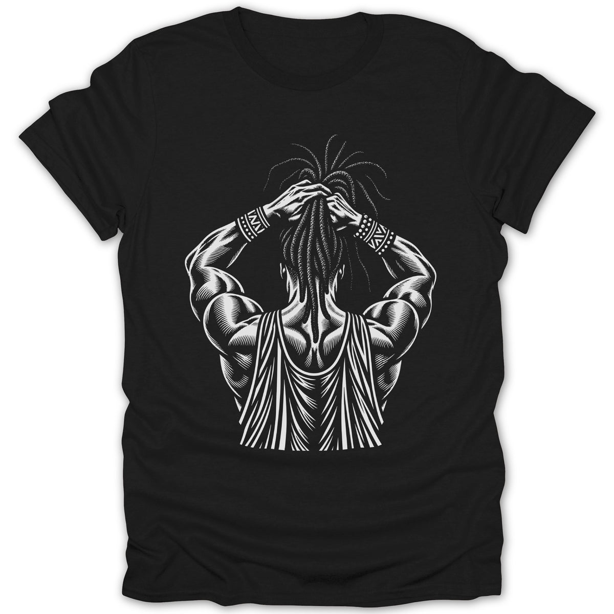 Black t-shirt with white graphic of a muscular man tying his dreadlocks