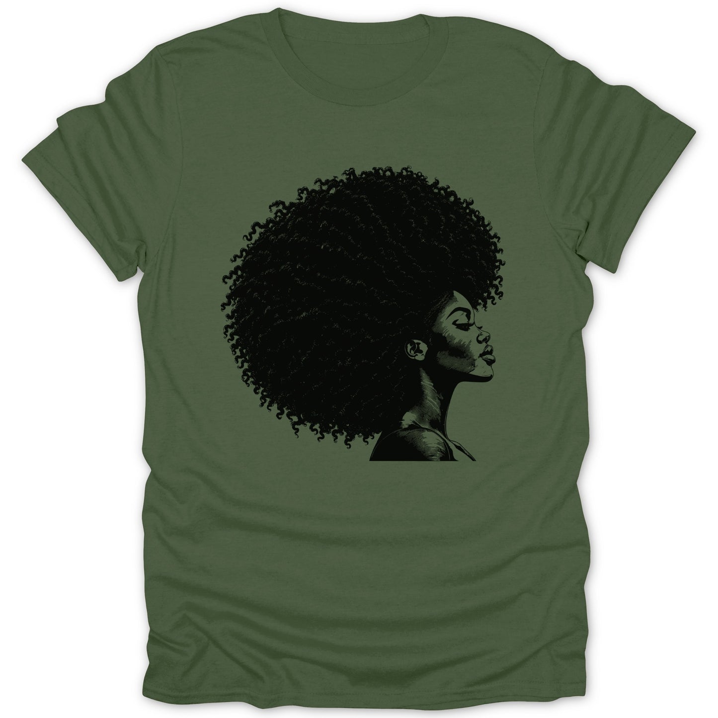 Green t-shirt with black graphic of a woman with large afro hair.