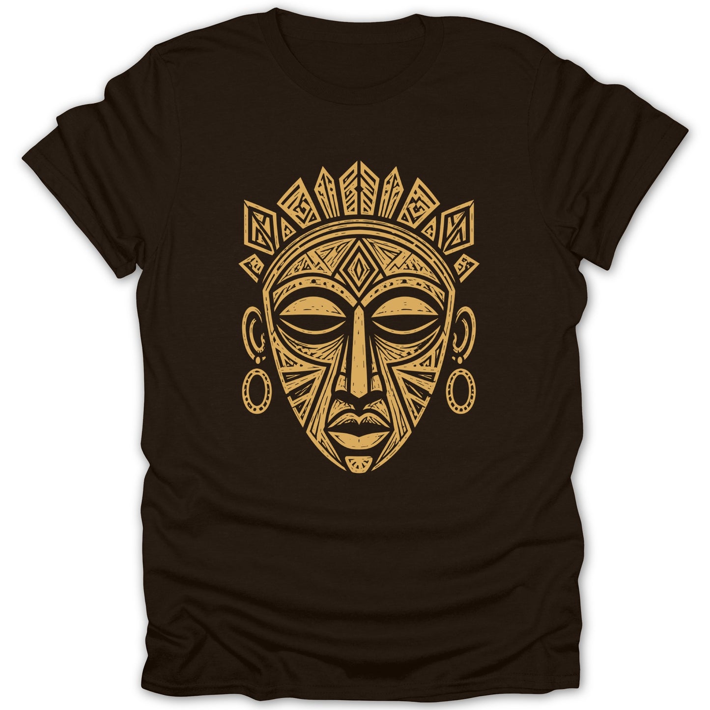 Brown t-shirt with a gold tribal mask design and circular earrings.
