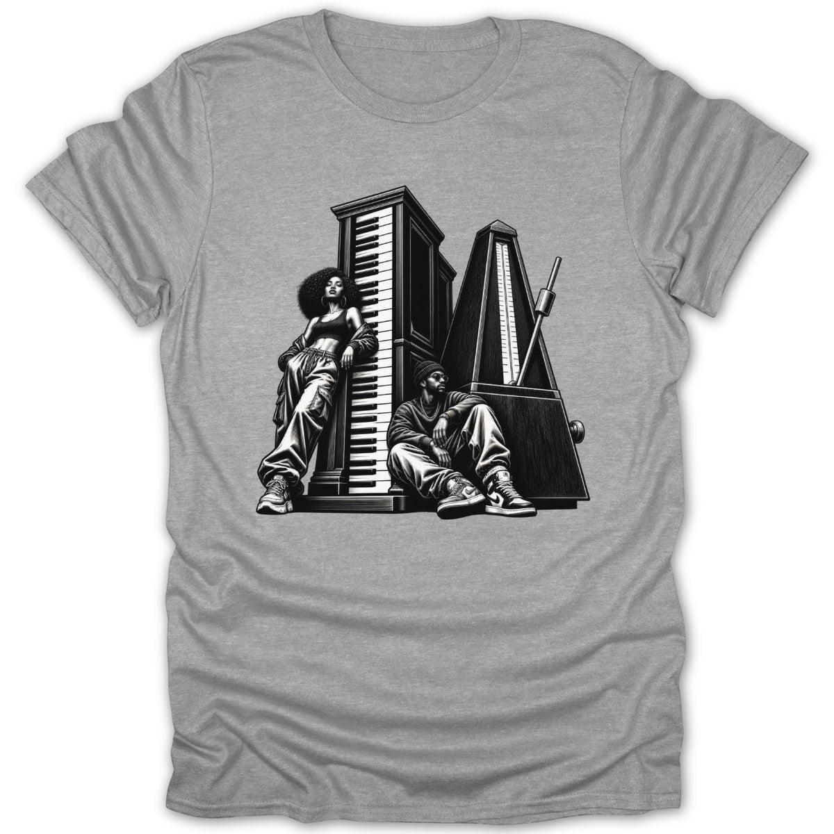 Black and white graphic of two people with a piano and metronome on a grey t-shirt.