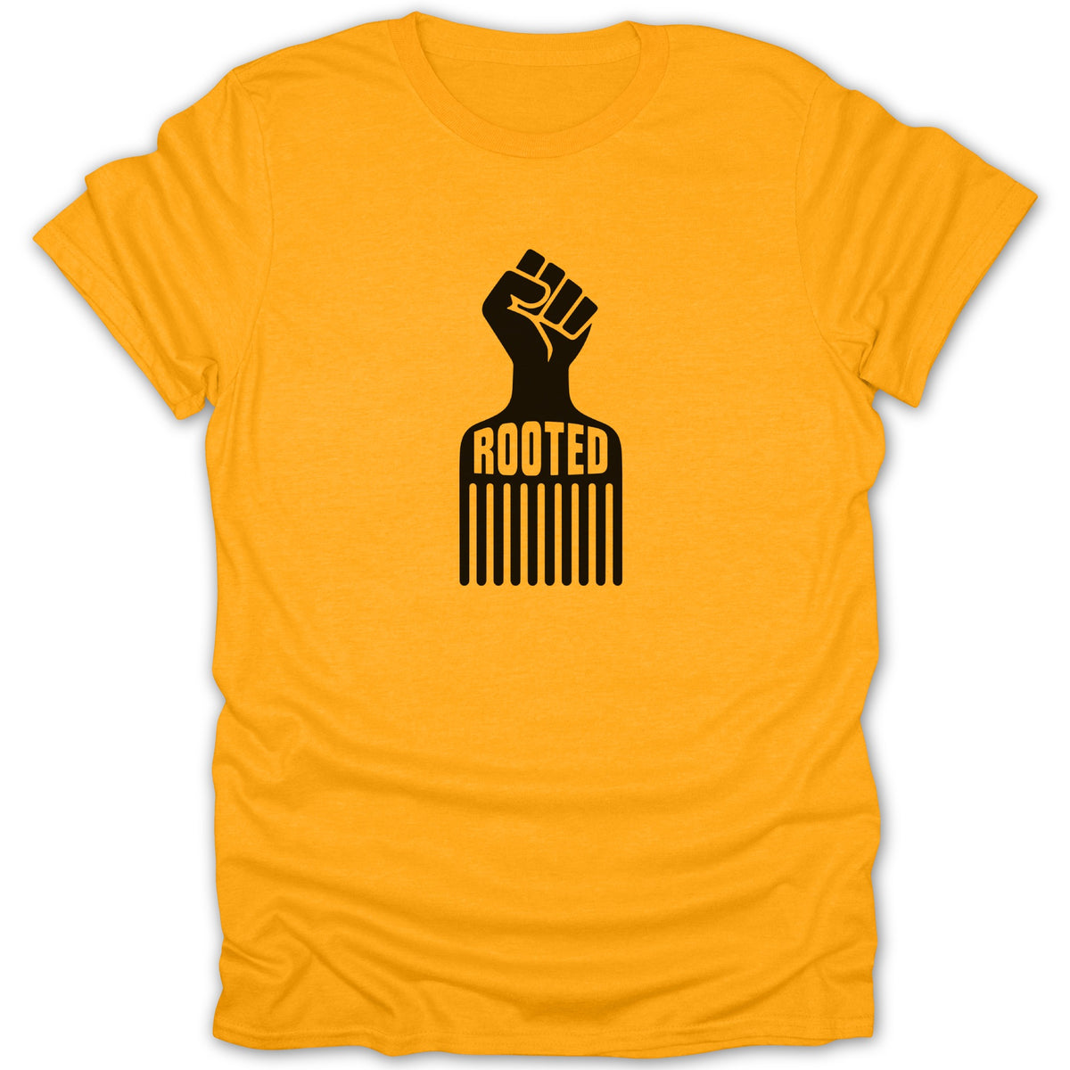 A yellow crewneck t-shirt featuring a black graphic of an afro pick combining with a raised fist and the text ROOTED.