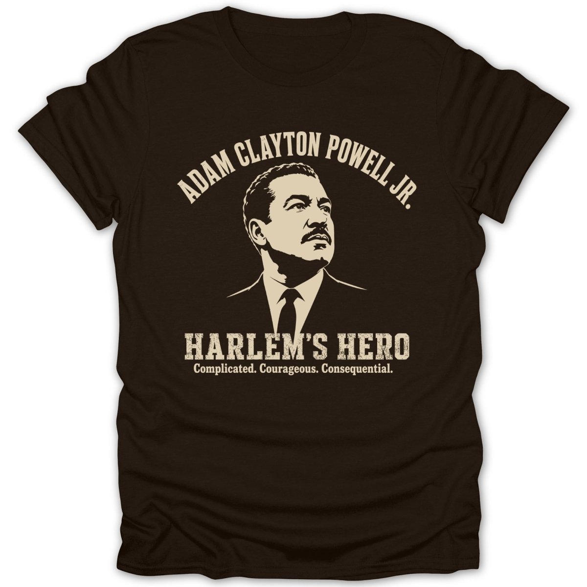 Brown t-shirt featuring bust of Adam Clayton Powell Jr. and "Harlem's Hero" text.