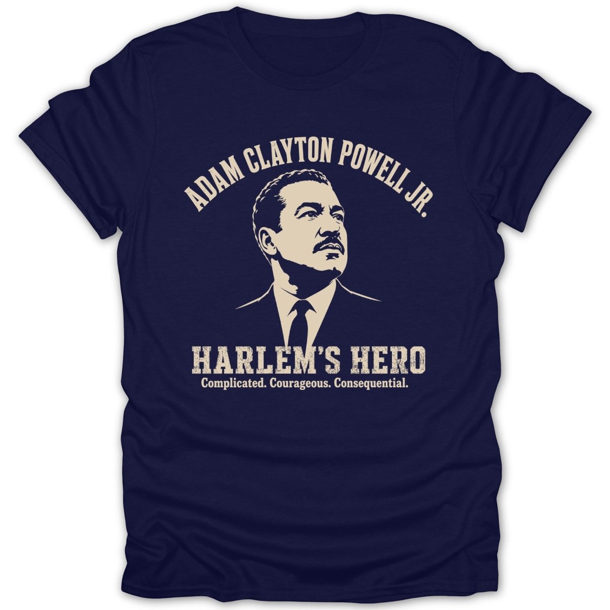 Navy t-shirt with Adam Clayton Powell Jr. graphic and text "HARLEM'S HERO".