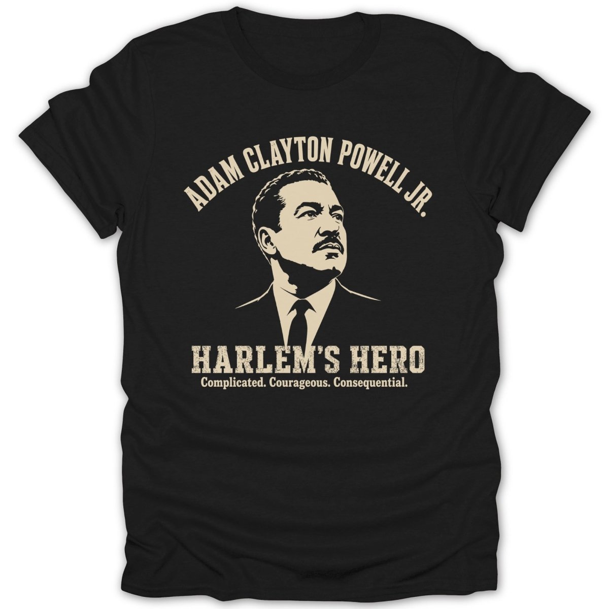 Black t-shirt with portrait of Adam Clayton Powell Jr. and text "Harlem's Hero".