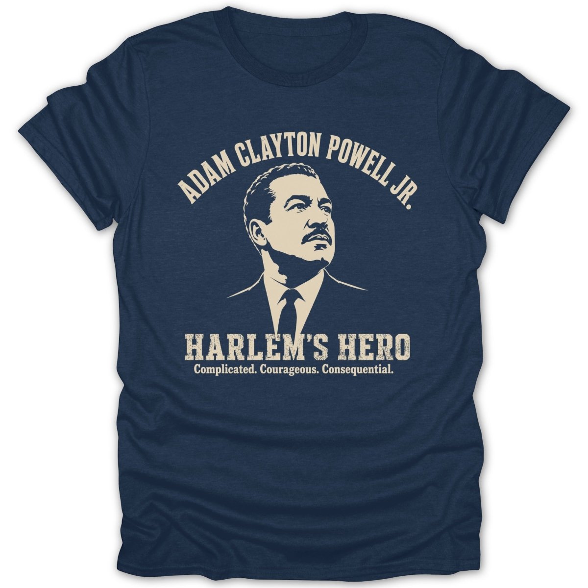 Navy t-shirt with "Adam Clayton Powell Jr. Harlem's Hero" graphic.