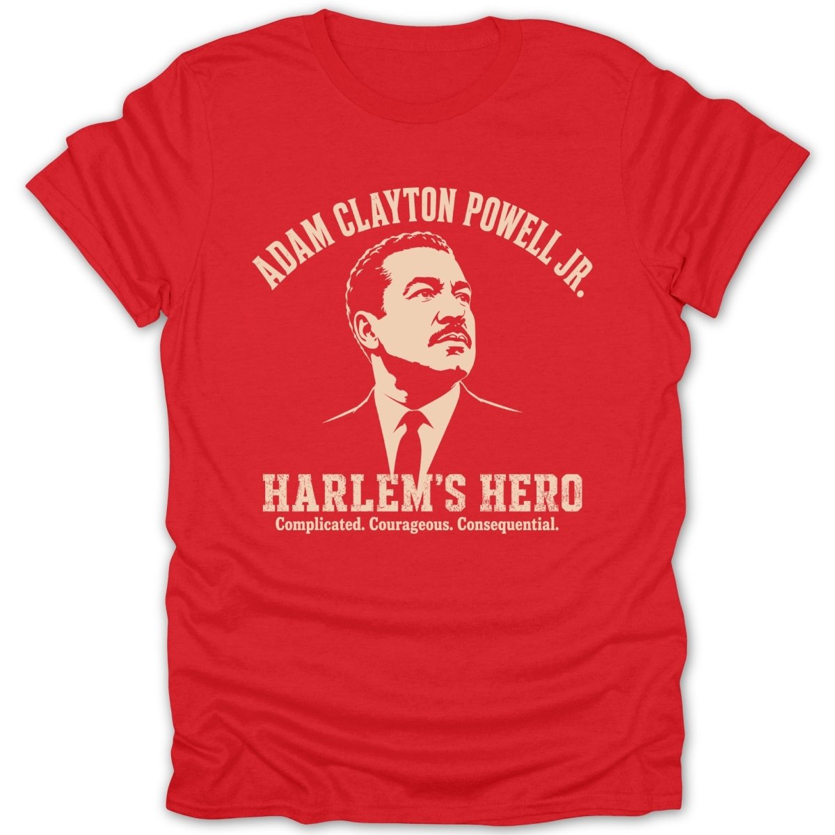 Red t-shirt with Adam Clayton Powell Jr. portrait and "Harlem's Hero" text.