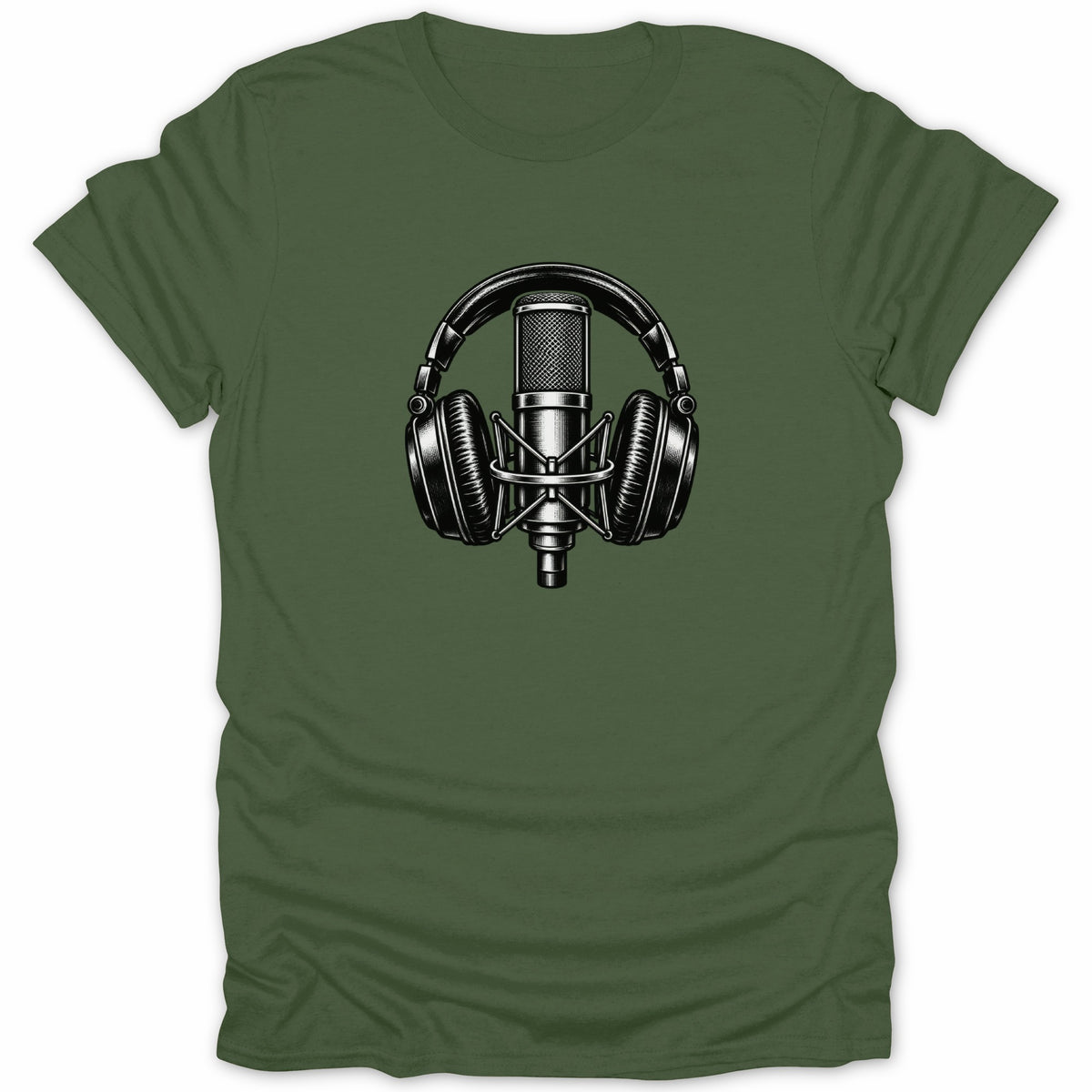 Black and white illustration of a studio microphone with headphones centered on a green t-shirt.