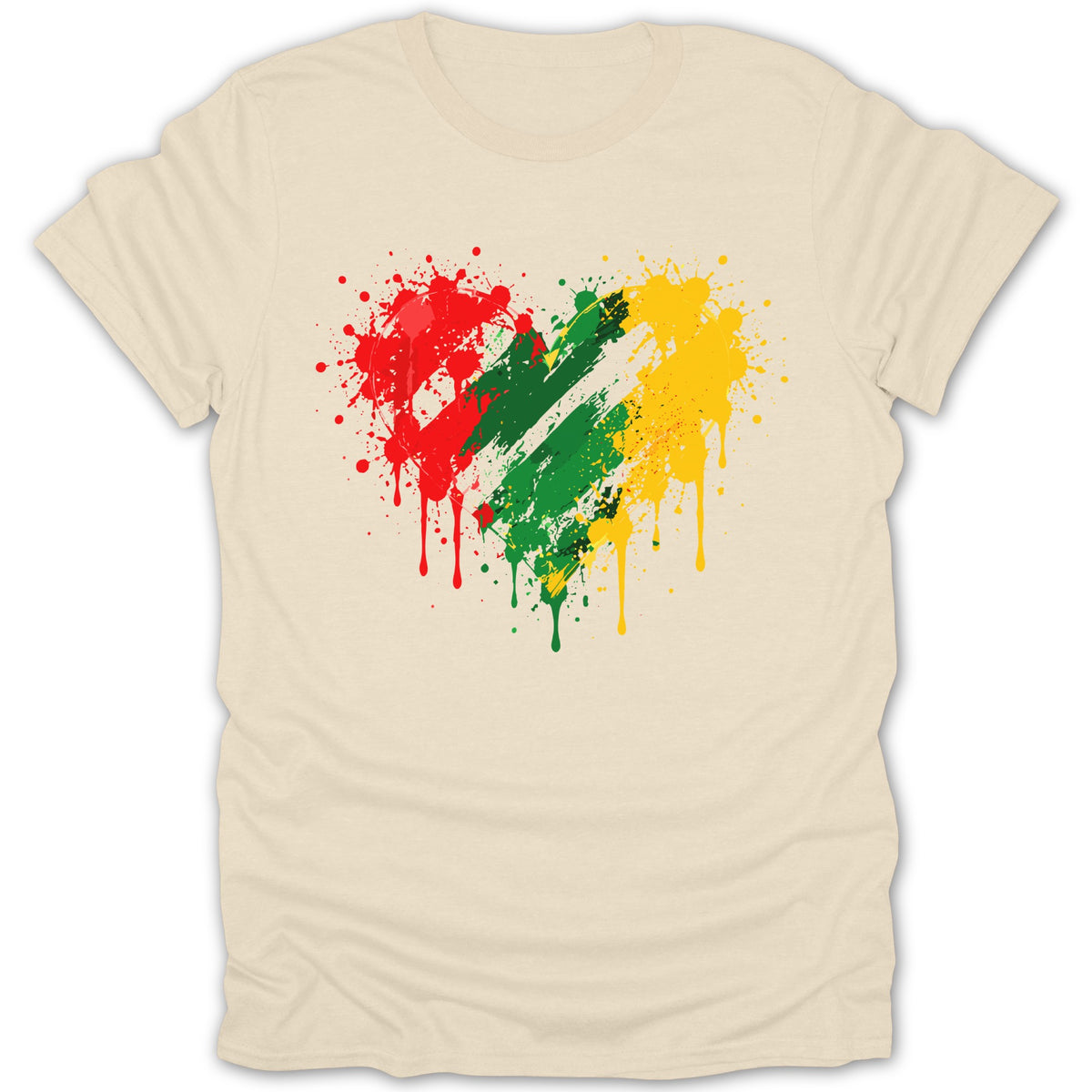 Cream t-shirt with a red, green, and yellow paint splatter heart graphic.