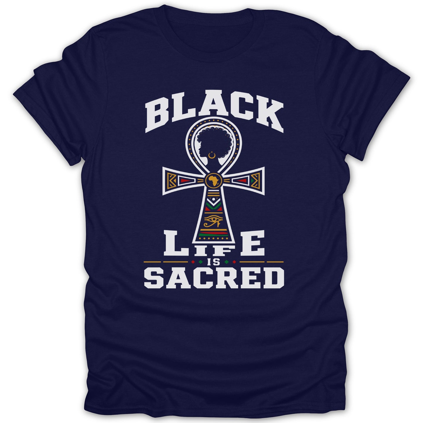 Dark blue t-shirt with "BLACK LIFE IS SACRED" and an ankh symbol.