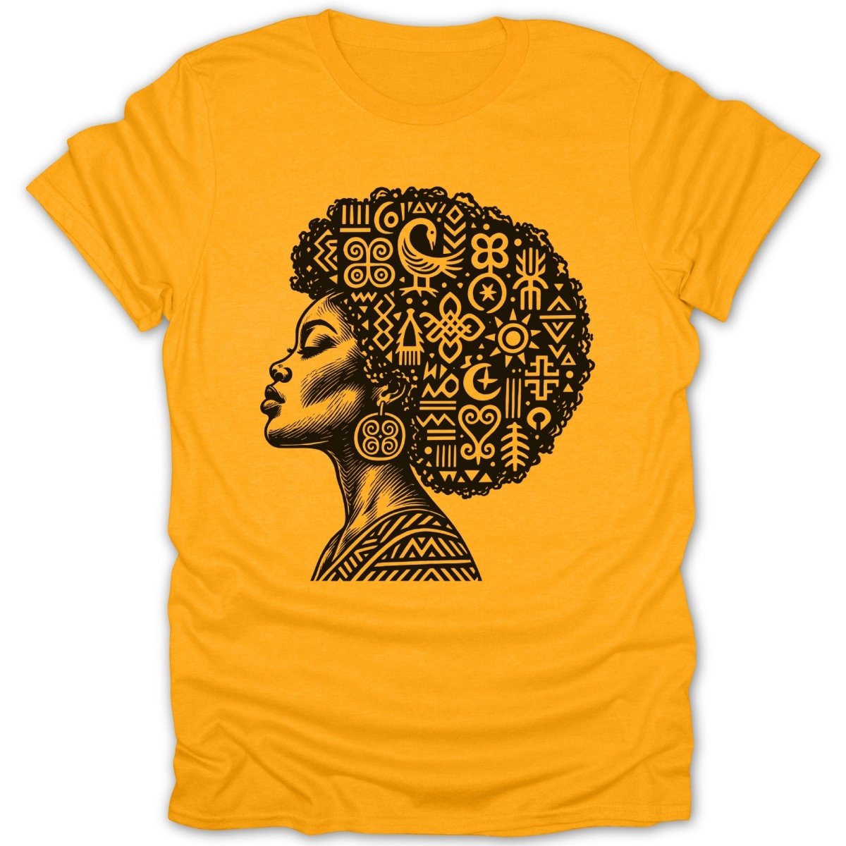 Yellow t-shirt with a black profile illustration of a woman with patterned hair.