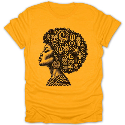 Yellow t-shirt with a black profile illustration of a woman with patterned hair.