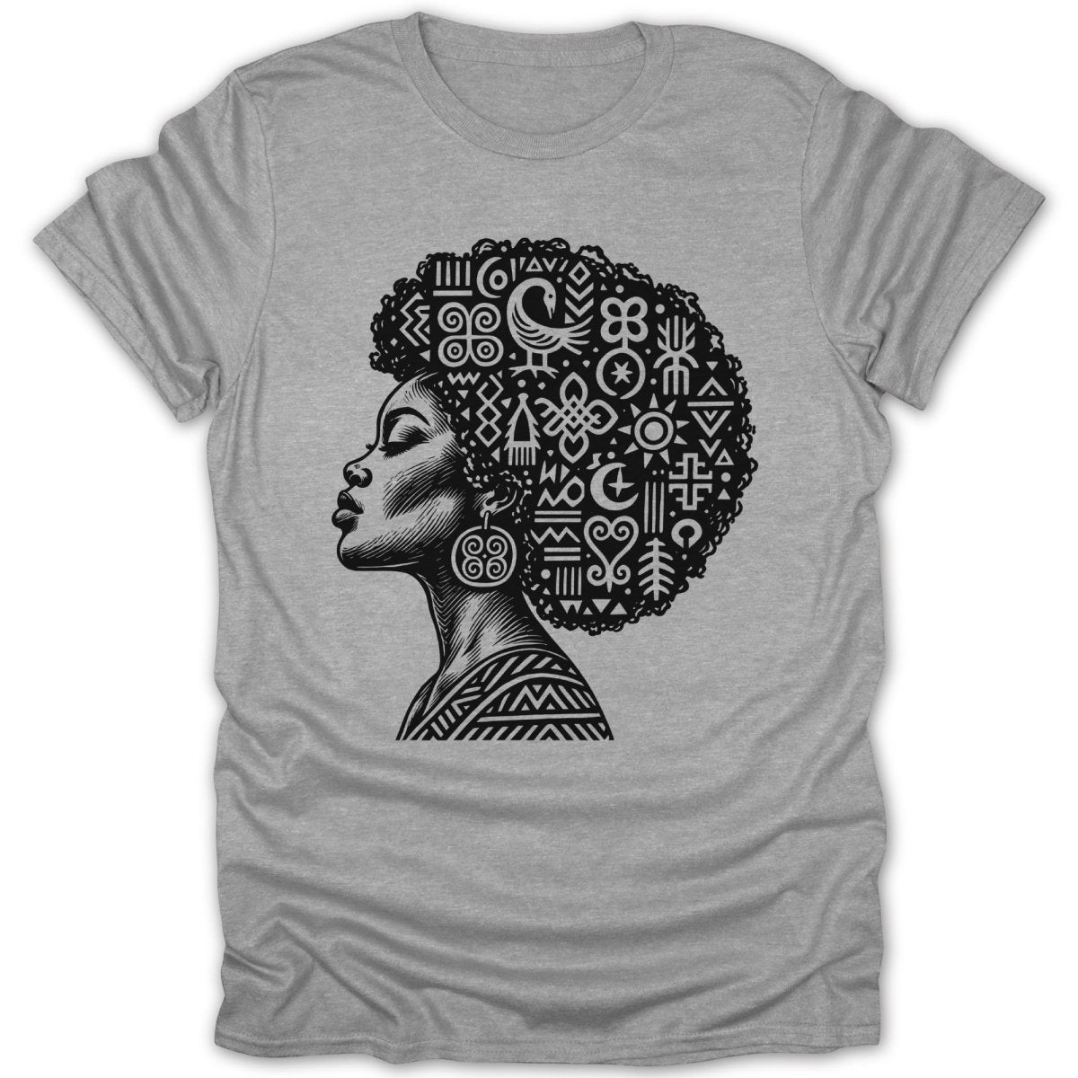 Black and white graphic of a woman with an afro filled with Adinkra symbols on a grey t-shirt.