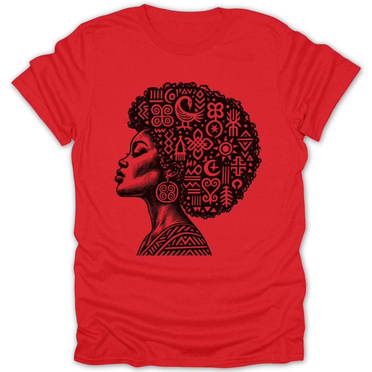 Black silhouette of a woman with an afro filled with African Adinkra symbols on a red t-shirt.