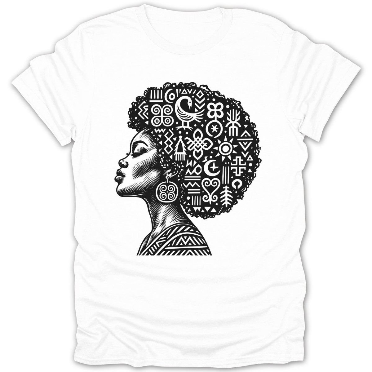 Black and white graphic of a woman's profile with afro adorned with Adinkra symbols.