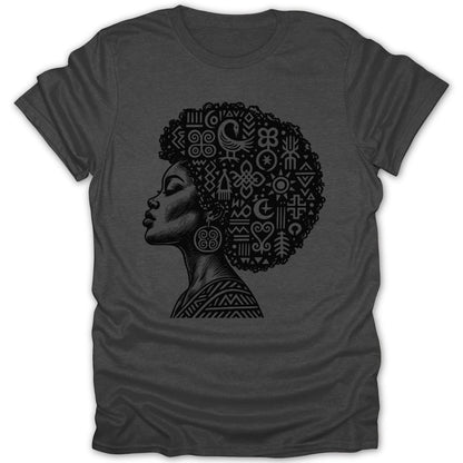 T-shirt with profile of Black woman with afro adorned with Adinkra symbols.